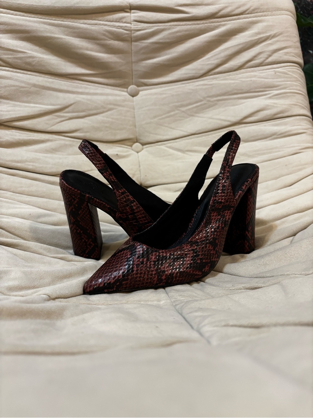 Women’s Red Snake-Print Slingback Block Heel Pumps